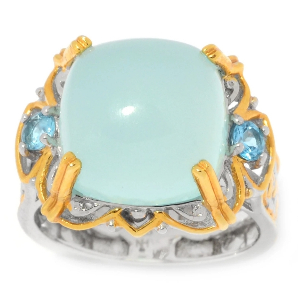 Genuine Gems en Vogue Cushion Chalcedony & Swiss Blue Topaz Ring Sz 8! - Picture 2 of 6